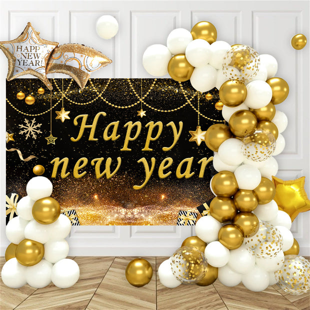 Cross-border New Black Gold Celebrates New Year's Eve Atmosphere Layout Photo Banner Happy New Year Party Decoration Balloon Suit