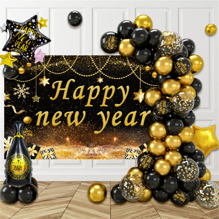 Cross-border New Black Gold Celebrates New Year's Eve Atmosphere Layout Photo Banner Happy New Year Party Decoration Balloon Suit